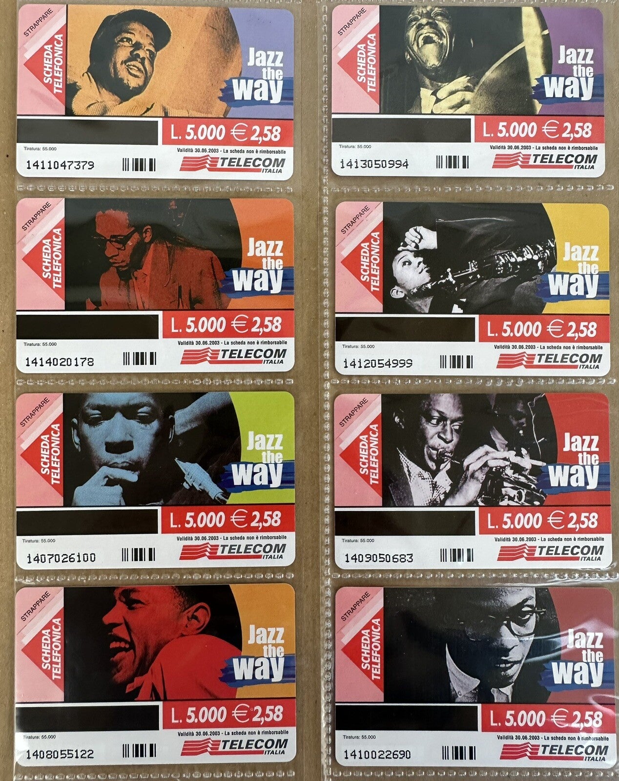 SCHEDE TELEFONICHE PF “ JAZZ THE WAY “ AG N^ 1033/1040 NUOVE + FOLDER